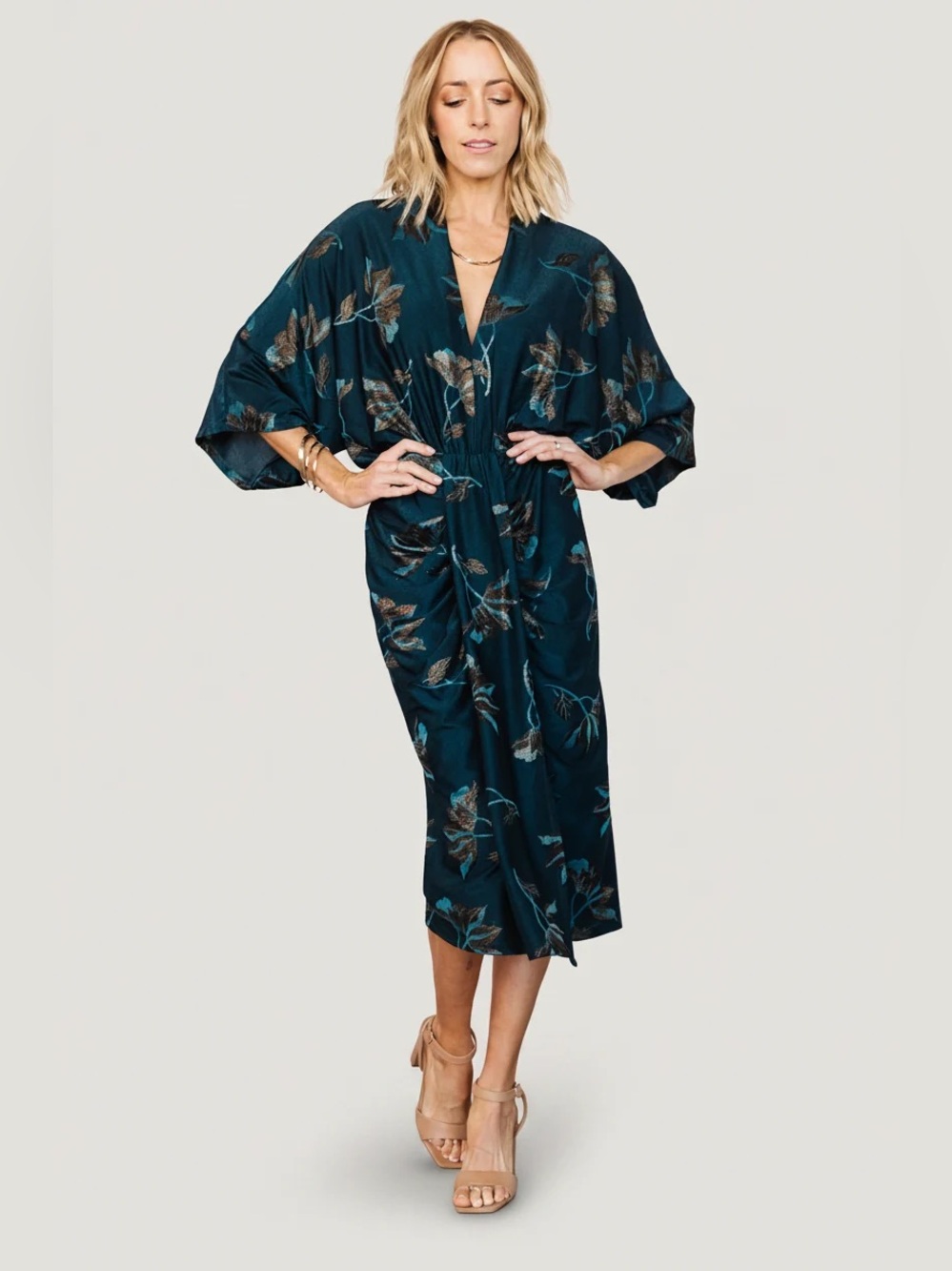 NWT! Baltic Born Shaneen Ruched Midi Dress L Jade Floral Shimmer Wedding Guest